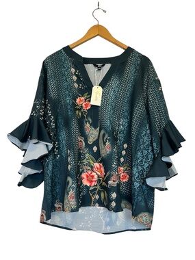 ShallWe NWT Size Women’s Large Rose Floral Paisley Ruffle Sleeve Boutique Blouse